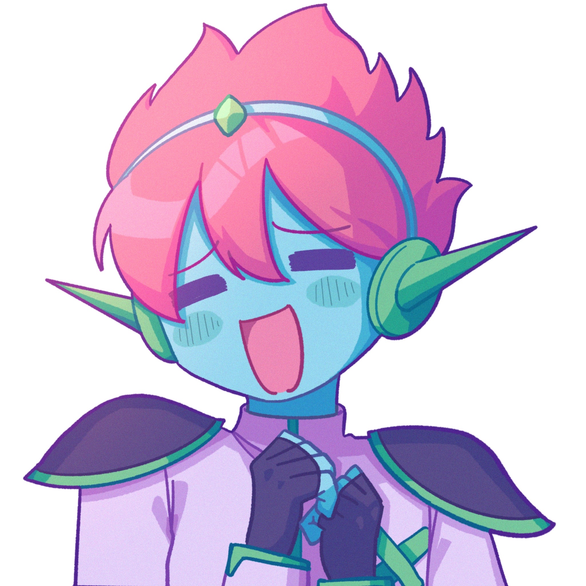 yksm oe, captain spaceboy, omori, highres, 1boy, = =, black gloves, blue skin, blush, closed eyes, colored skin, crossed bandaids, double-parted bangs, fingerless gloves, gloves, hair between eyes, long sleeves, male focus, pink hair, short hair, simple background, smile, solo, upper body, white background