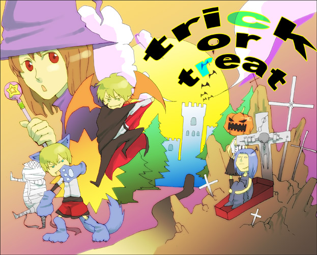 birdman, cain, lilia (galerians), lilia pascalle, rainheart, rion (galerians), rion steiner, rita (galerians), frankenstein, galerians, 2girls, 4boys, brown hair, castle, coffin, cross, halloween, hat, looking at viewer, multiple boys, multiple girls, mummy, pumpkin, red eyes, siblings, twins, vampire, werewolf, witch, witch hat