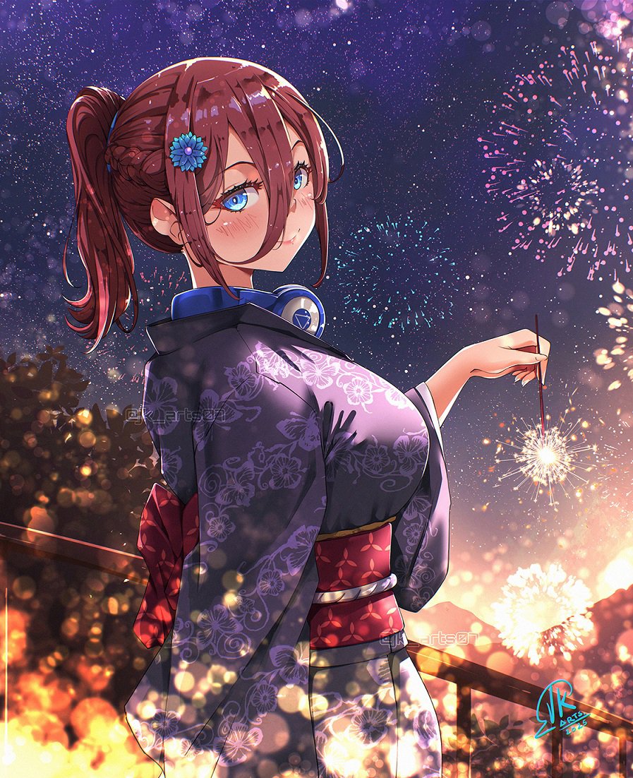 jk arts, nakano miku, go-toubun no hanayome, 1girl, blue eyes, blush, breasts, fireworks, floral print, floral print kimono, holding, holding fireworks, japanese clothes, kimono, large breasts, looking at viewer, medium hair, print kimono, purple kimono, red hair, red sash, sash, signature, smile, solo