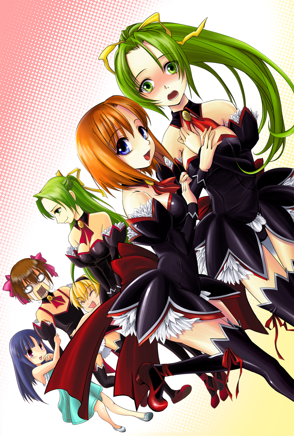 mytyl, furude rika, houjou satoko, maebara keiichi, ryuuguu rena, sonozaki mion, sonozaki shion, higurashi no naku koro ni, highres, 00s, 1boy, 5girls, angel mort, blonde hair, blue eyes, blue hair, blush, bow, breasts, brown hair, cleavage, closed eyes, crossdressing, detached collar, dress, flat chest, green eyes, green hair, hair bow, hair ribbon, half updo, long hair, medium breasts, multiple girls, o o, orange hair, purple eyes, ribbon, short hair, siblings, sisters, tears, thighhighs, twins, zettai ryouiki