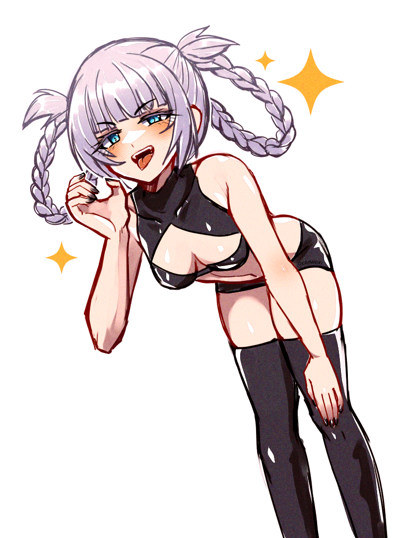 kamaniki, nanakusa nazuna (yofukashi no uta), yofukashi no uta, commentary, 1girl, bare shoulders, bent over, black thighhighs, blue eyes, blush, braid, braided hair rings, breasts, cleavage, cleavage cutout, clothing cutout, eyelashes, hair rings, medium breasts, purple hair, simple background, solo, sparkle, thighhighs, tongue, tongue out, white background