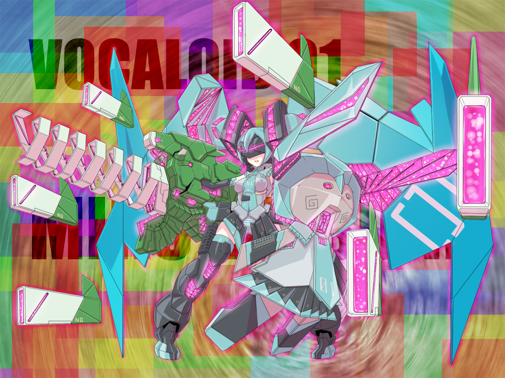 tro (trombe), hatsune miku, vocaloid, 1girl, abstract, bodysuit, copyright name, female focus, full body, helmet, looking at viewer, machinery, mecha, robot, solo