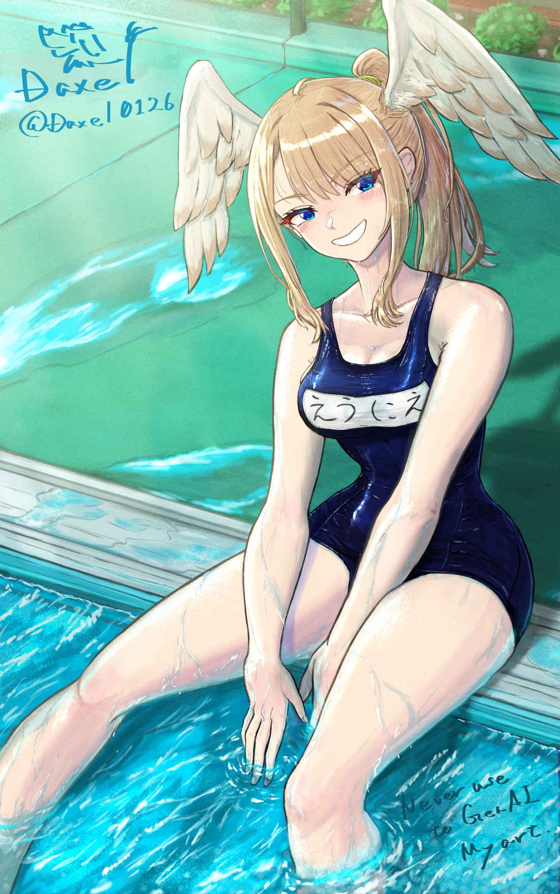 daxel0126, eunie (xenoblade), xenoblade chronicles (series), xenoblade chronicles 3, commentary request, highres, translation request, 1girl, alternate costume, bare shoulders, blue eyes, blue one-piece swimsuit, blush, breasts, brown hair, collarbone, dated, head wings, high ponytail, large breasts, looking at viewer, one-piece swimsuit, ponytail, sidelocks, sitting, smile, soaking feet, solo, swimsuit, water, wet, wings