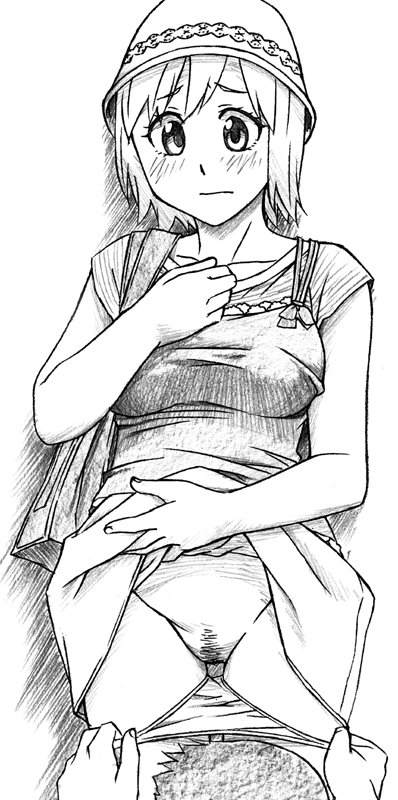 sawa jaaji, nonomura ayumi, hyakko, plaid, bad id, bad pixiv id, traditional media, 00s, 1girl, bag, blush, casual, clothes lift, female focus, female pubic hair, greyscale, handbag, hat, monochrome, panties, panty pull, pubic hair, pussy, short hair, skirt, skirt lift, solo, solo focus, uncensored, underwear