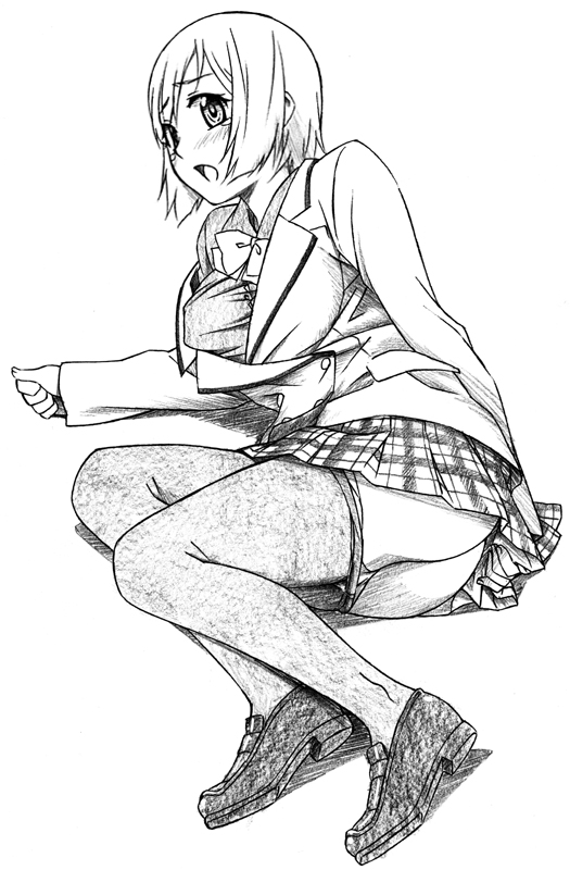 sawa jaaji, nonomura ayumi, hyakko, bad id, bad pixiv id, traditional media, 00s, 1girl, ass, clothes pull, female focus, full body, greyscale, monochrome, pantyhose, pantyhose pull, school uniform, short hair, skirt, solo