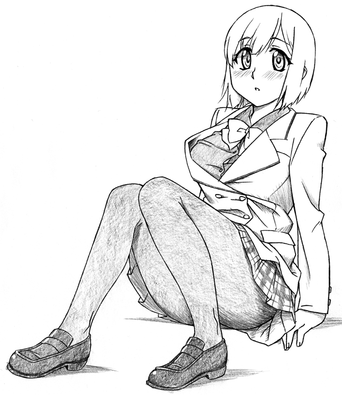 sawa jaaji, nonomura ayumi, hyakko, plaid, bad id, bad pixiv id, traditional media, 00s, 1girl, blush, breasts, female focus, full body, greyscale, monochrome, pantyhose, school uniform, short hair, skirt, solo