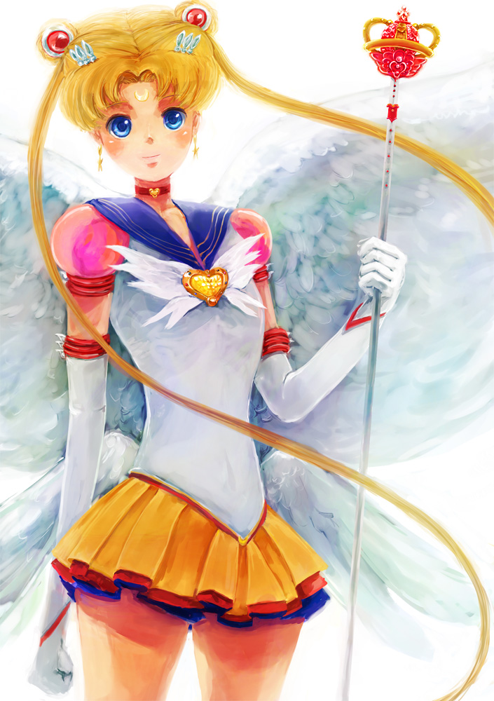 azuma yukihiko, eternal sailor moon, sailor moon, tsukino usagi, bishoujo senshi sailor moon, bishoujo senshi sailor moon sailor stars, bishoujo senshi sailor moon stars, bad id, bad pixiv id, 1990s (style), 1girl, blonde hair, blue eyes, blue sailor collar, brooch, choker, cowboy shot, crescent, crescent facial mark, double bun, earrings, elbow gloves, facial mark, female focus, gloves, hair bun, hair ornament, hairclip, heart, heart brooch, jewelry, layered skirt, long hair, miniskirt, retro artstyle, sailor collar, scepter, skirt, smile, solo, twintails, very long hair, white gloves, wing brooch, wings