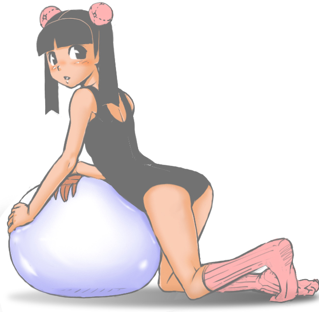kumai, otonashi meru, sayonara zetsubou sensei, bad id, bad pixiv id, 00s, ass, ball, black eyes, black hair, black one-piece swimsuit, hair bobbles, hair ornament, looking back, oekaki, one-piece swimsuit, school swimsuit, socks, solo, sphere hair ornament, swimsuit, twintails