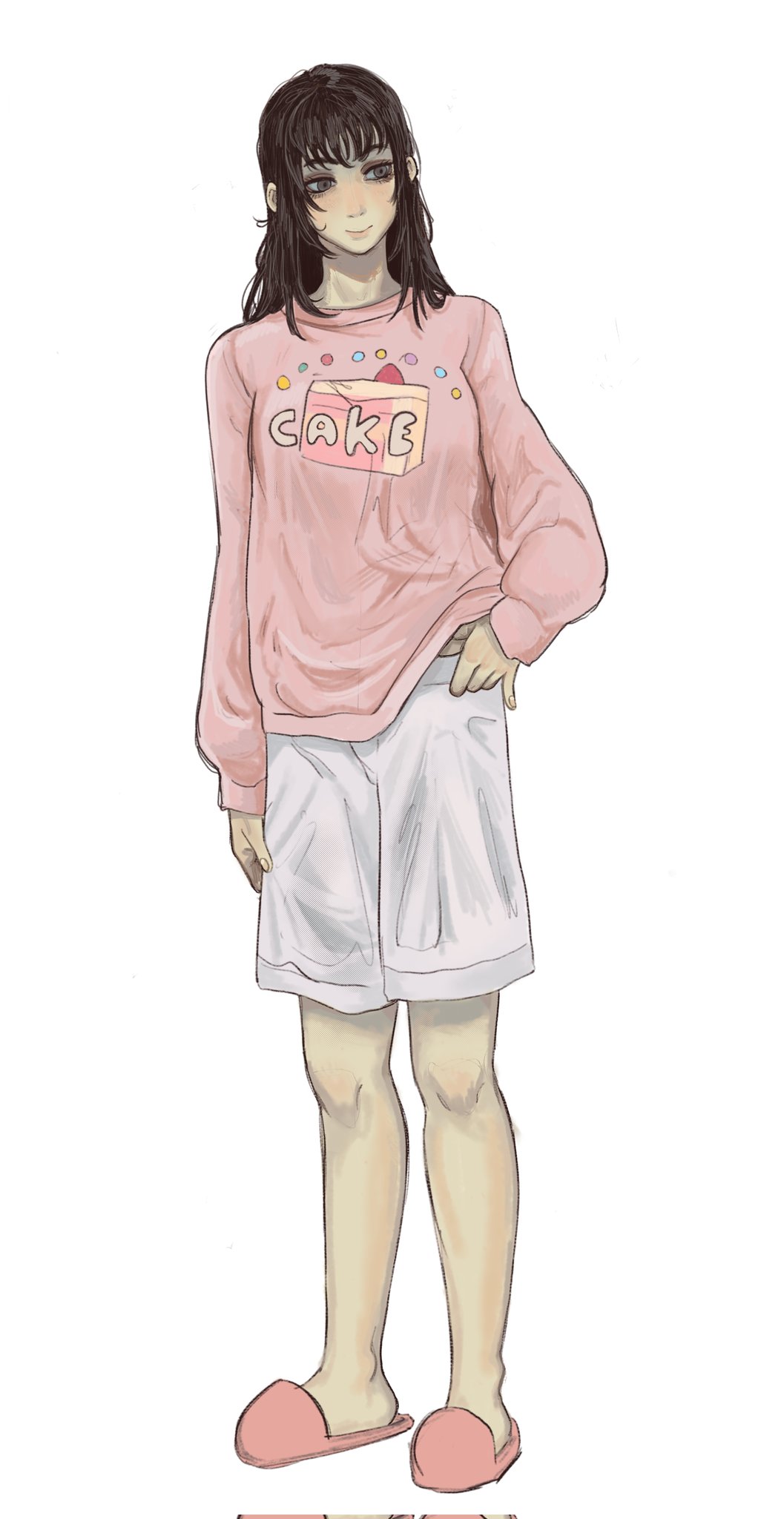pagansp1der, mitaka asa, chainsaw man, highres, 1girl, black hair, closed mouth, full body, grey eyes, long hair, pink shirt, print shirt, shirt, shorts, simple background, slippers, solo, standing, white background, white shorts