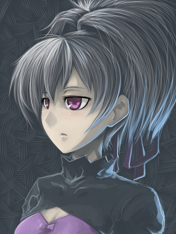tro (trombe), yin (darker than black), darker than black, silver hair, 00s, 1girl, bodysuit, breasts, cleavage, cleavage cutout, clothing cutout, expressionless, female focus, ponytail, purple eyes, skin tight, solo, upper body