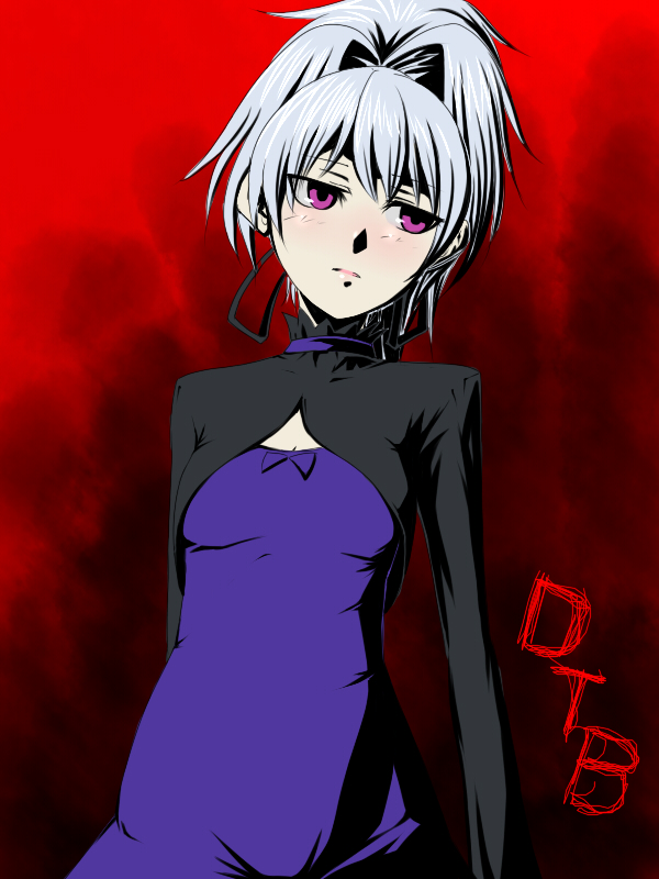 tro (trombe), yin (darker than black), darker than black, silver hair, 00s, 1girl, black bow, bow, breasts, cowboy shot, expressionless, female focus, hair bow, long sleeves, ponytail, purple eyes, skin tight, small breasts, solo, upper body