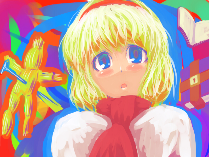 tro (trombe), alice margatroid, touhou, 1girl, blonde hair, blue eyes, book, female focus, grimoire, grimoire of alice, hairband, short hair, solo