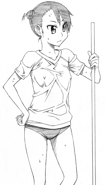 sawa jaaji, saotome suzume, hyakko, traditional media, 00s, 1girl, breasts, buruma, double bun, eyes visible through hair, feet out of frame, female focus, greyscale, gym uniform, hair bun, hand on own hip, monochrome, no bra, short hair, simple background, single hair bun, small breasts, solo, standing, wet, white background