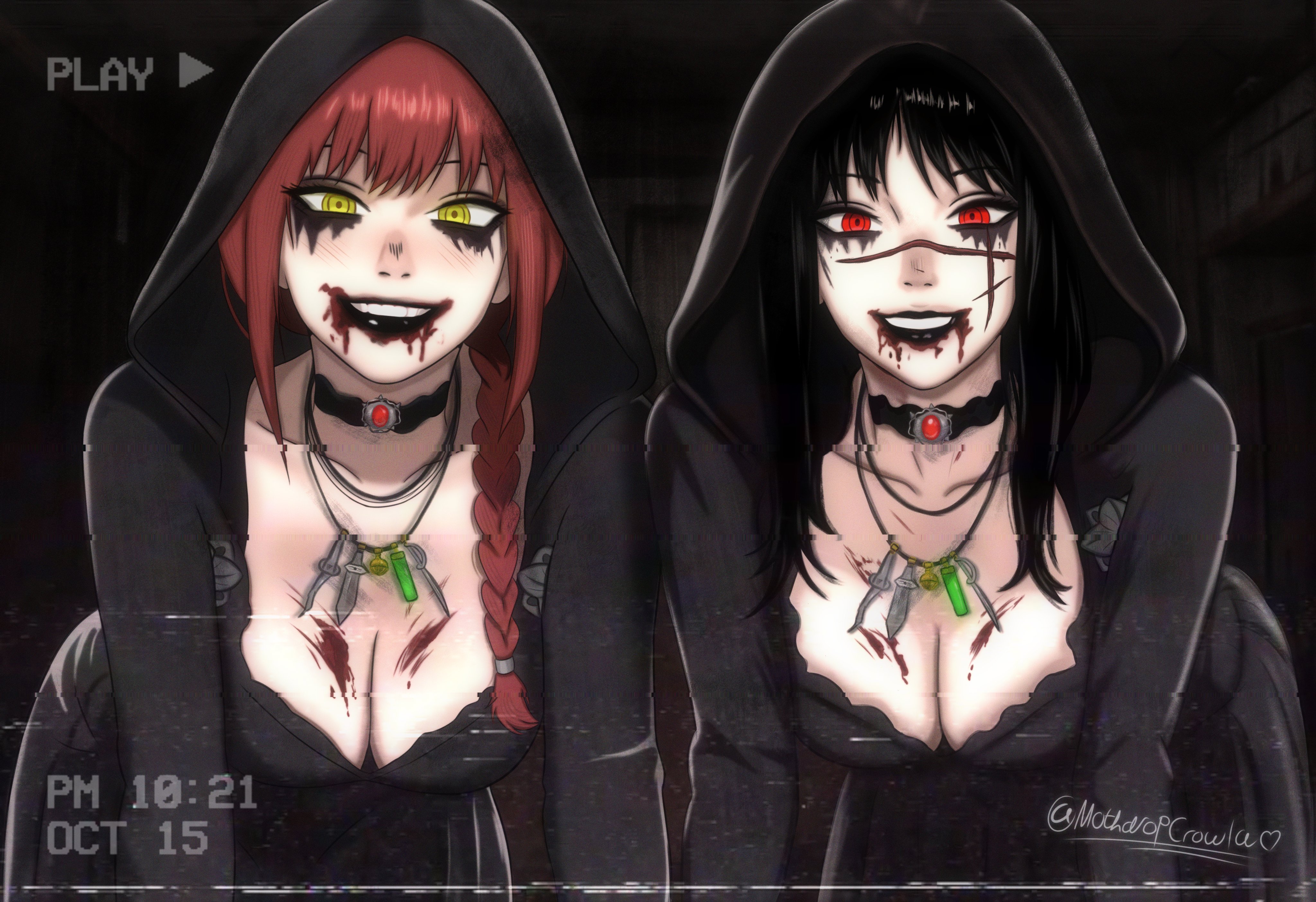 cassandra dimitrescu, daniela dimitrescu, makima (chainsaw man), yoru (chainsaw man), chainsaw man, resident evil, resident evil village, absurdres, commentary, english commentary, highres, 2girls, artist name, bent over, black choker, black hair, black hood, blood, blood from mouth, blood on breasts, braid, breasts, cassandra dimitrescu (cosplay), choker, cleavage, cosplay, daniela dimitrescu (cosplay), gem, large breasts, looking at viewer, mothdropcrowla, multiple girls, red eyes, red gemstone, red hair, scar, scar on face, single braid, twitter username, yellow eyes