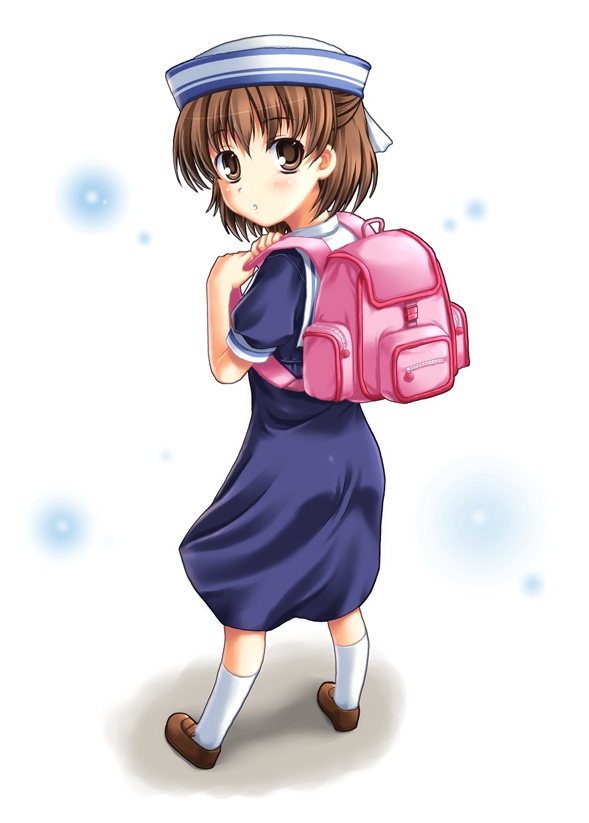 miyai sen, okazaki ushio, clannad, 00s, backpack, bag, brown eyes, brown hair, dixie cup hat, dress, hat, looking back, military hat, randoseru, sailor, sailor collar, sailor dress, short hair, solo