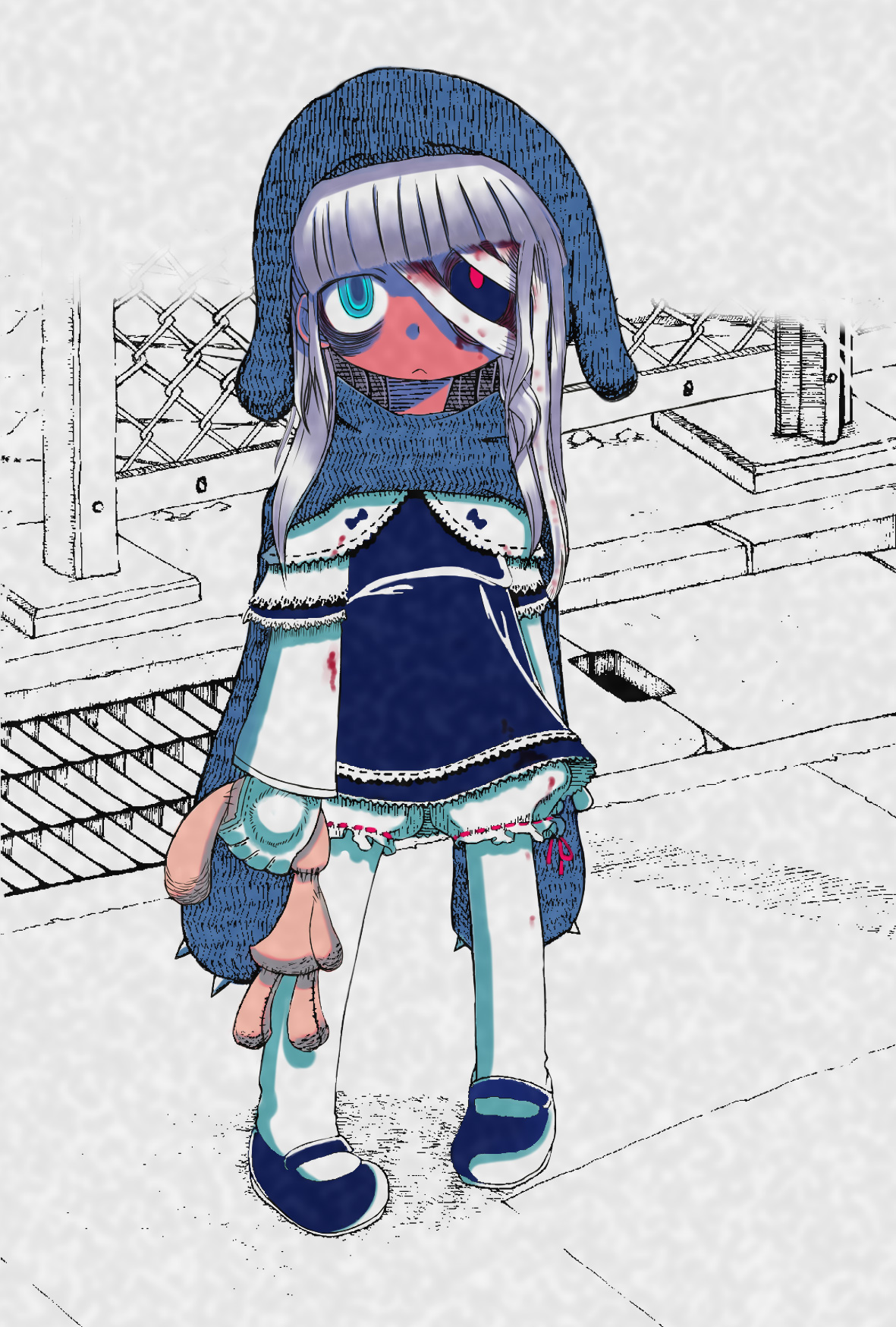 antan, anorak, original, highres, 1girl, :<, blood, bloomers, doll, female focus, gloves, glowing, glowing eye, heterochromia, hood, pantyhose, ribbon-trimmed bloomers, ribbon trim, skirt, solo, underwear, zombie