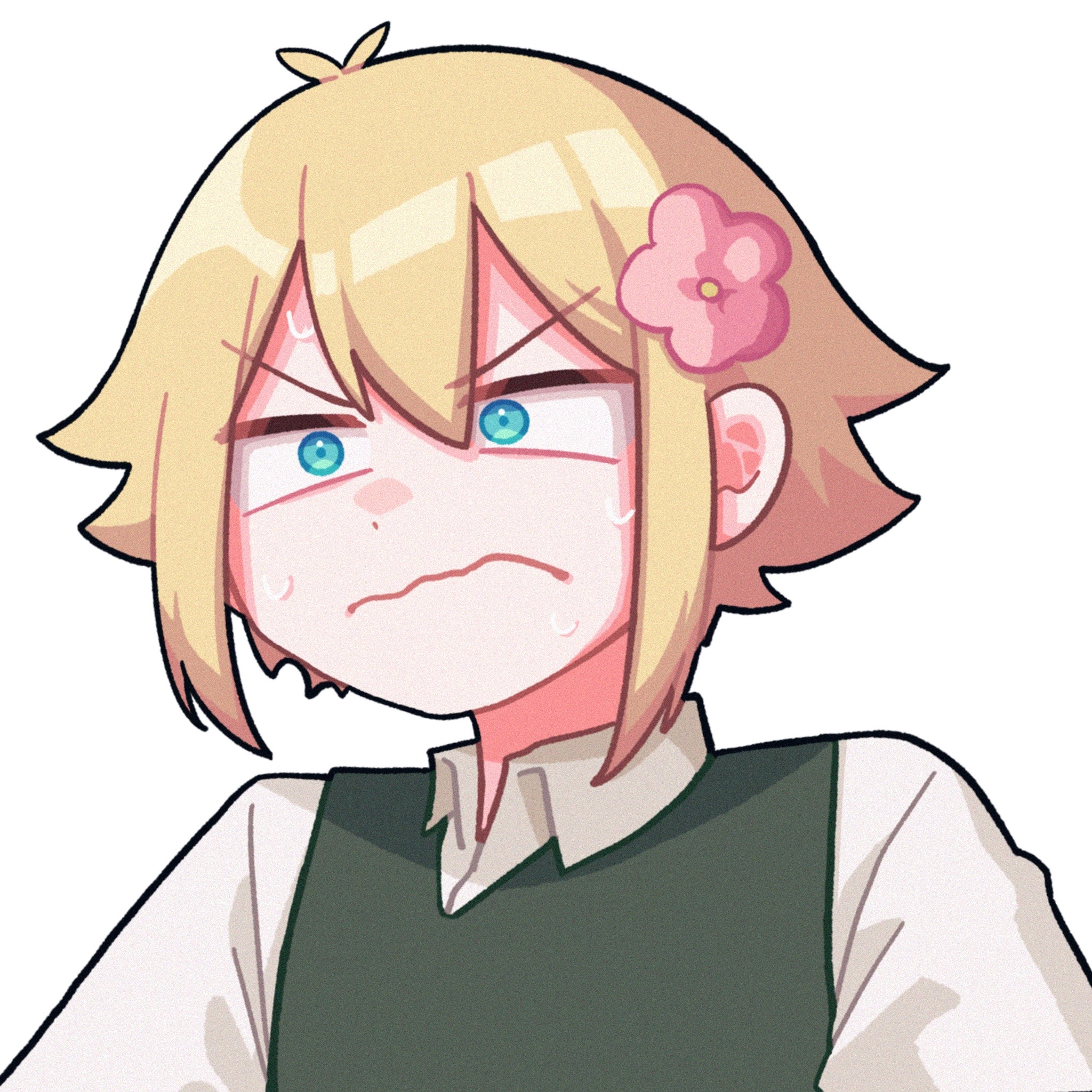 yksm oe, basil (faraway) (omori), basil (omori), omori, highres, 1boy, antenna hair, closed mouth, collared shirt, double-parted bangs, flower, green sweater vest, hair between eyes, hair flower, hair ornament, male focus, shirt, short hair, sidelocks, simple background, solo, sweat, sweater vest, teeth, upper body, upper teeth only, white background, white shirt