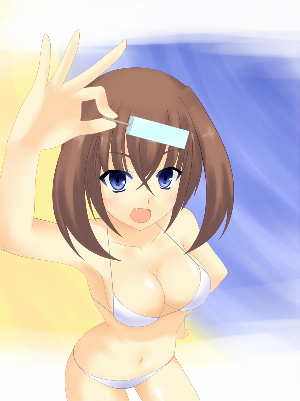 izumi sai, bad id, bad pixiv id, 1girl, arm up, bare shoulders, beach, bikini, blue eyes, breasts, brown hair, cleavage, fang, female focus, food, hand on own hip, large breasts, navel, open mouth, popsicle, short hair, solo, swimsuit, white bikini