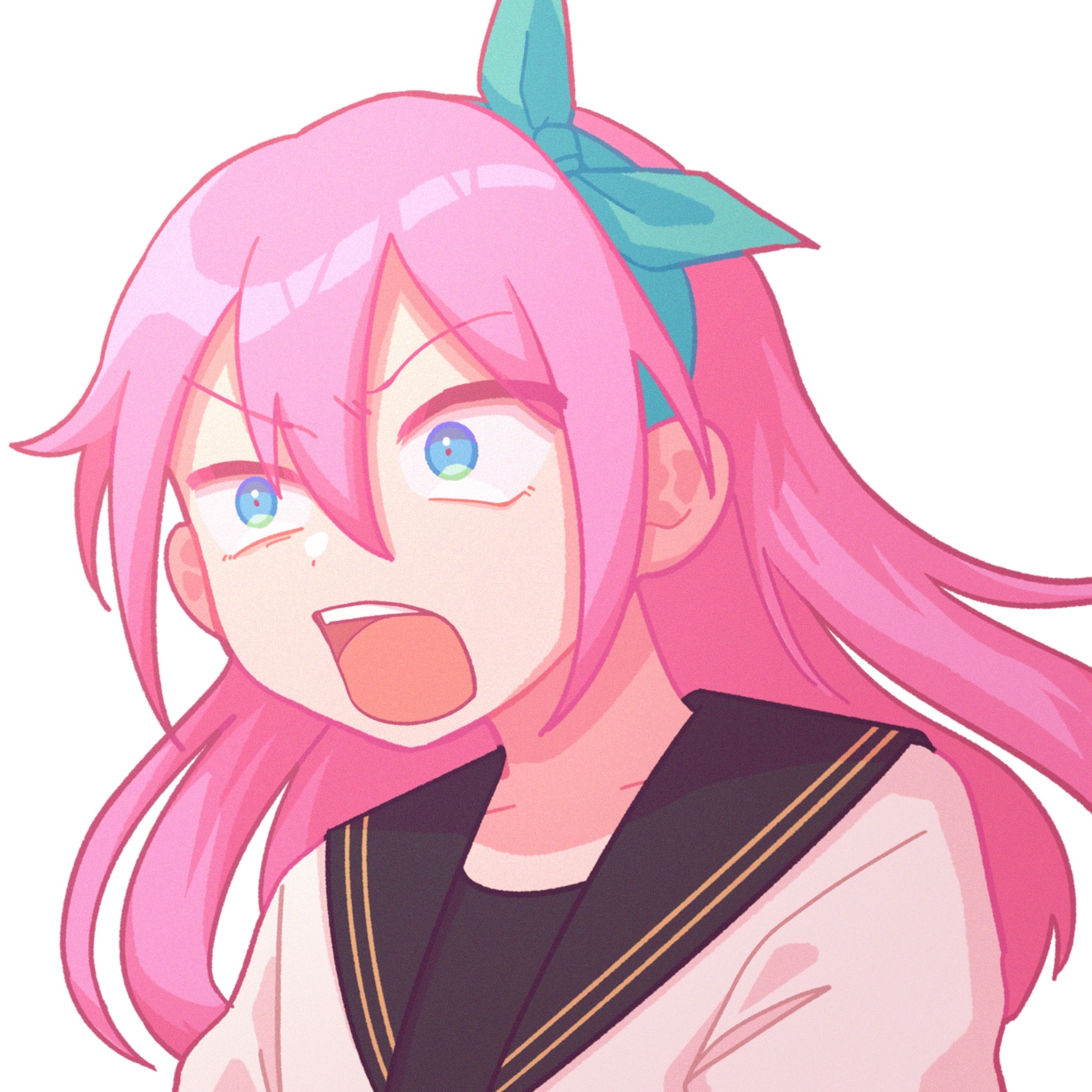 yksm oe, aubrey (faraway) (omori), aubrey (omori), omori, highres, 1girl, blue eyes, blue hairband, collarbone, double-parted bangs, hair between eyes, hairband, jacket, long hair, open mouth, pink hair, simple background, solo, teeth, tongue, upper body, upper teeth only, white background, white jacket