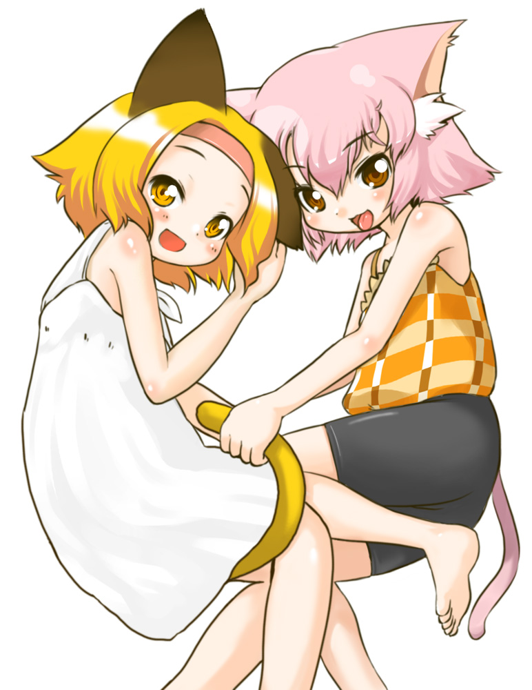 aizawa shin, azumaya kagaku, eroneko-san, muta ninini, ninini, original, 2girls, animal ears, barefoot, bike shorts, blonde hair, blush, borrowed character, brown eyes, cat ears, cat tail, dress, feet, holding another's tail, multiple girls, pink hair, short hair, smile, tail, tail grab, tank top, tongue, yellow eyes