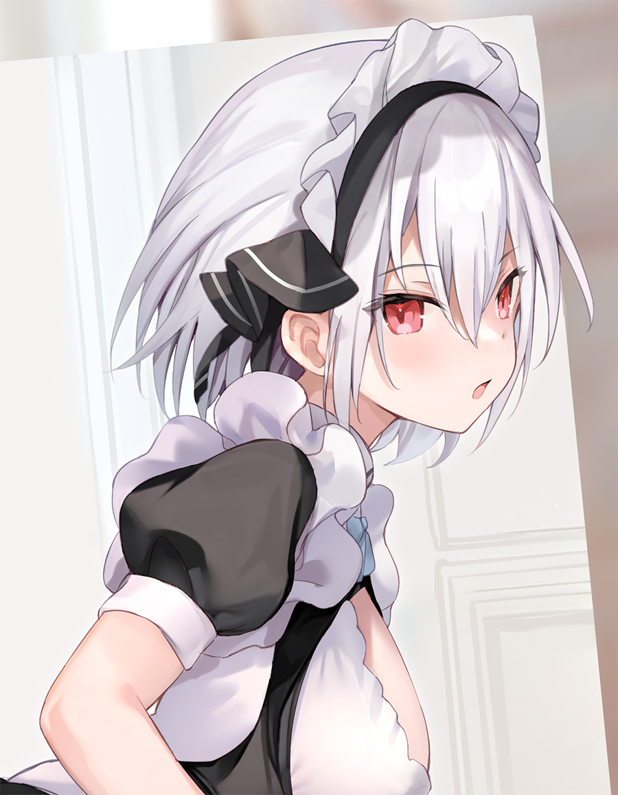 haishiki, snow (yurihasa), danshi kinsei game sekai de ore ga yarubeki yuiitsu no koto yuri no ma ni hasamaru otoko to shite tensei shite shimaimashita, commentary request, official art, 1girl, apron, black dress, breast cutout, breasts, dress, frilled apron, frills, grey hair, large breasts, looking at viewer, maid, maid apron, maid headdress, open mouth, puffy short sleeves, puffy sleeves, red eyes, short hair, short sleeves, solo, white apron