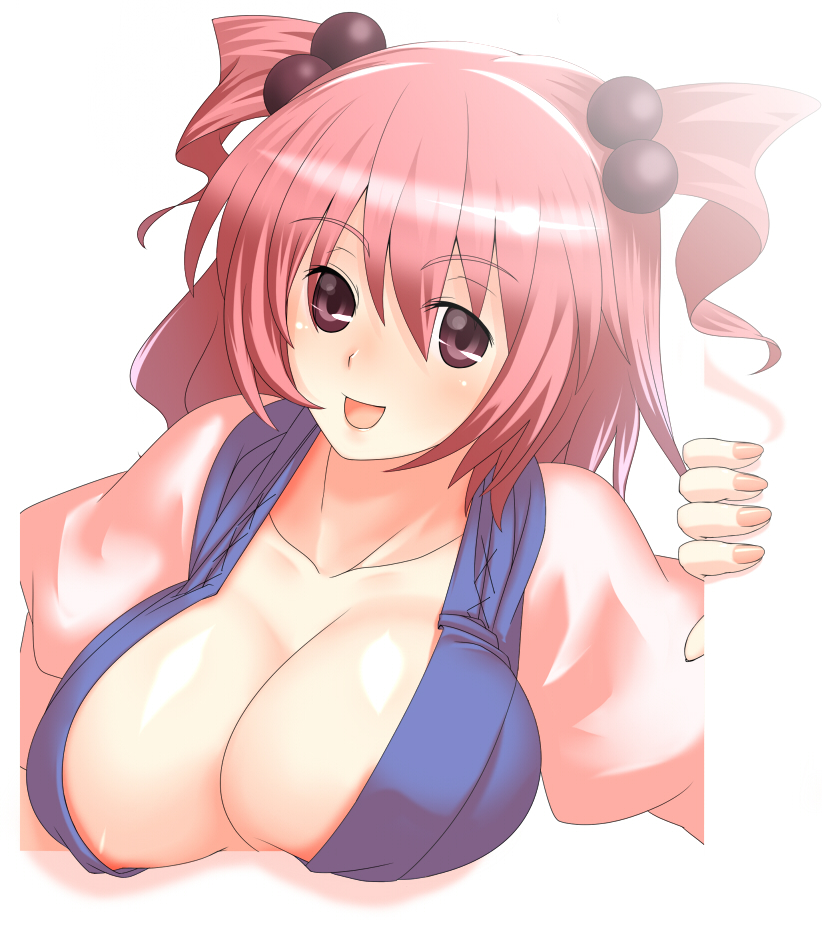 tro (trombe), onozuka komachi, touhou, 1girl, breasts, female focus, fourth wall, hair bobbles, hair ornament, large breasts, red eyes, red hair, short hair, solo, twintails, two side up, upper body, white background