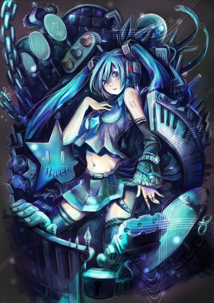 arosuke, hatsune miku, vocaloid, bad id, bad pixiv id, blue eyes, blue hair, chain, crown, detached sleeves, long hair, navel, road sign, sign, skirt, solo, thighhighs, traffic light, twintails