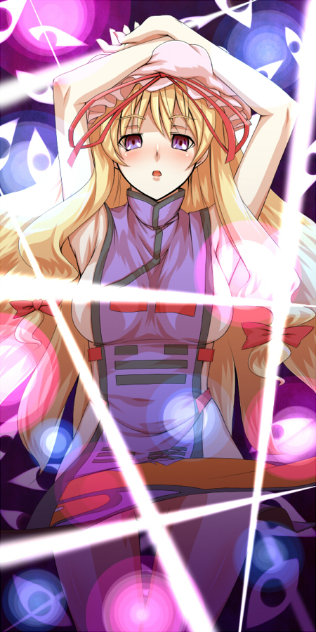 tro (trombe), yakumo yukari, touhou, 1girl, blonde hair, breasts, censored, convenient censoring, convenient danmaku, danmaku, female focus, hat, long hair, naked tabard, nude, ribbon, solo, tabard