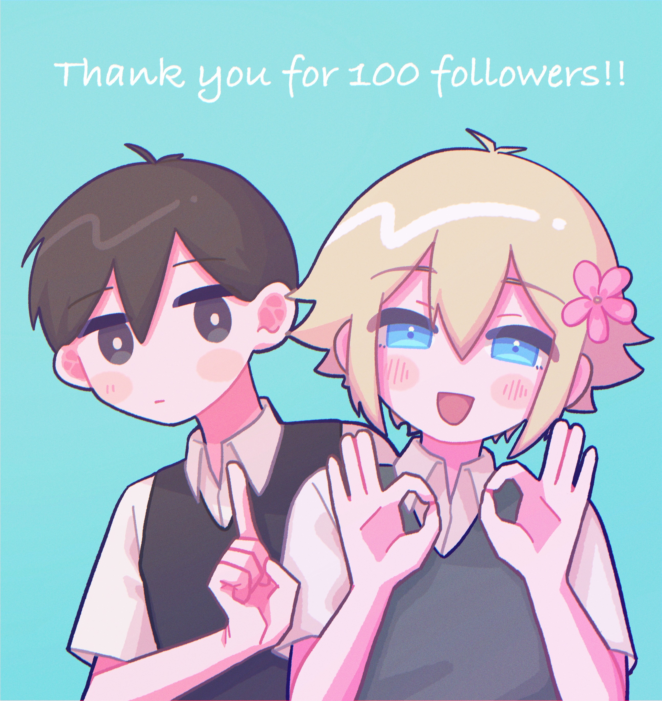 yksm oe, basil (faraway) (omori), basil (omori), sunny (omori), omori, absurdres, highres, 2boys, antenna hair, black eyes, black hair, black sweater vest, blonde hair, blue background, blue eyes, blush, closed mouth, collared shirt, double-parted bangs, double ok sign, english text, flower, green sweater vest, hair between eyes, hair flower, hair ornament, index finger raised, looking at viewer, male focus, milestone celebration, multiple boys, ok sign, open mouth, shirt, short hair, short sleeves, sidelocks, simple background, smile, sweater vest, white shirt