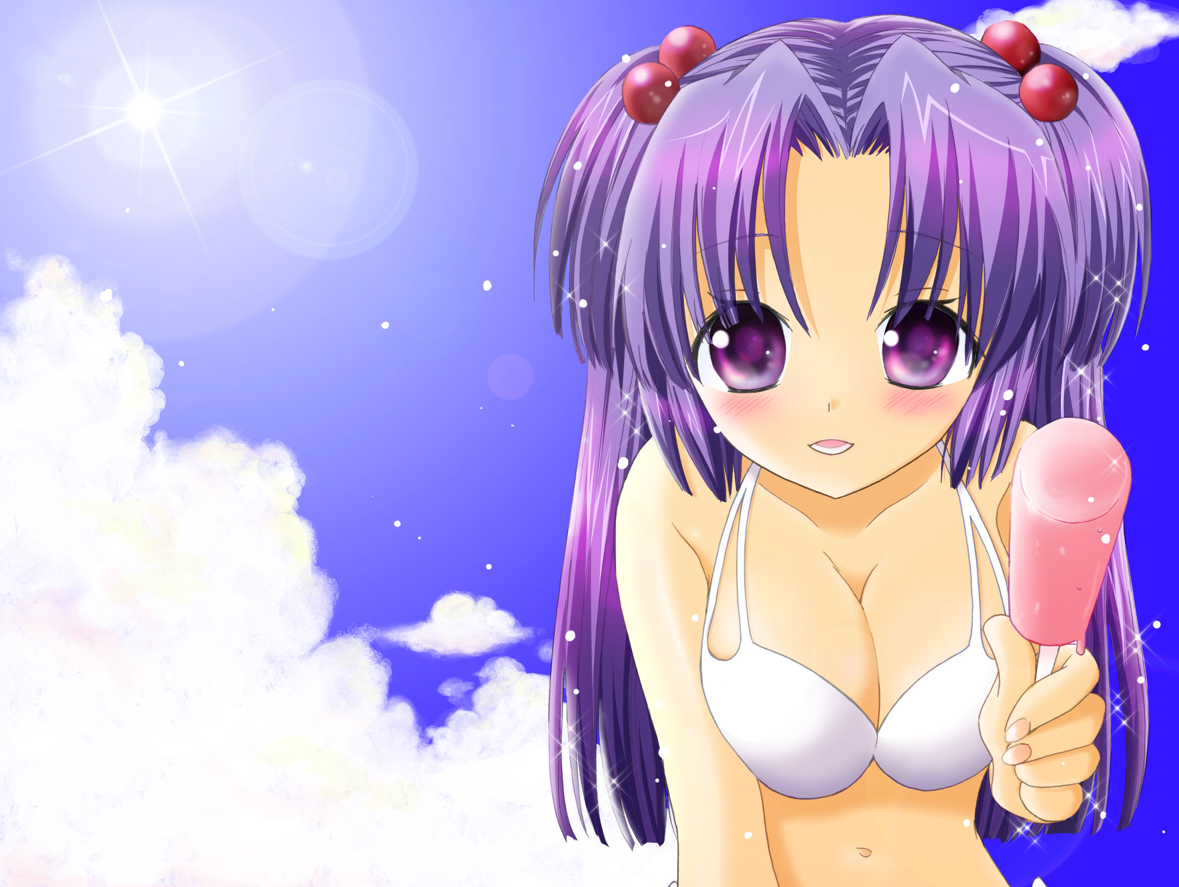 natsuba yashi, ichinose kotomi, clannad, highres, 00s, 1girl, bikini, breasts, cleavage, cloud, day, female focus, food, hair bobbles, hair ornament, long hair, medium breasts, popsicle, purple eyes, purple hair, sky, solo, swimsuit, two side up, white bikini