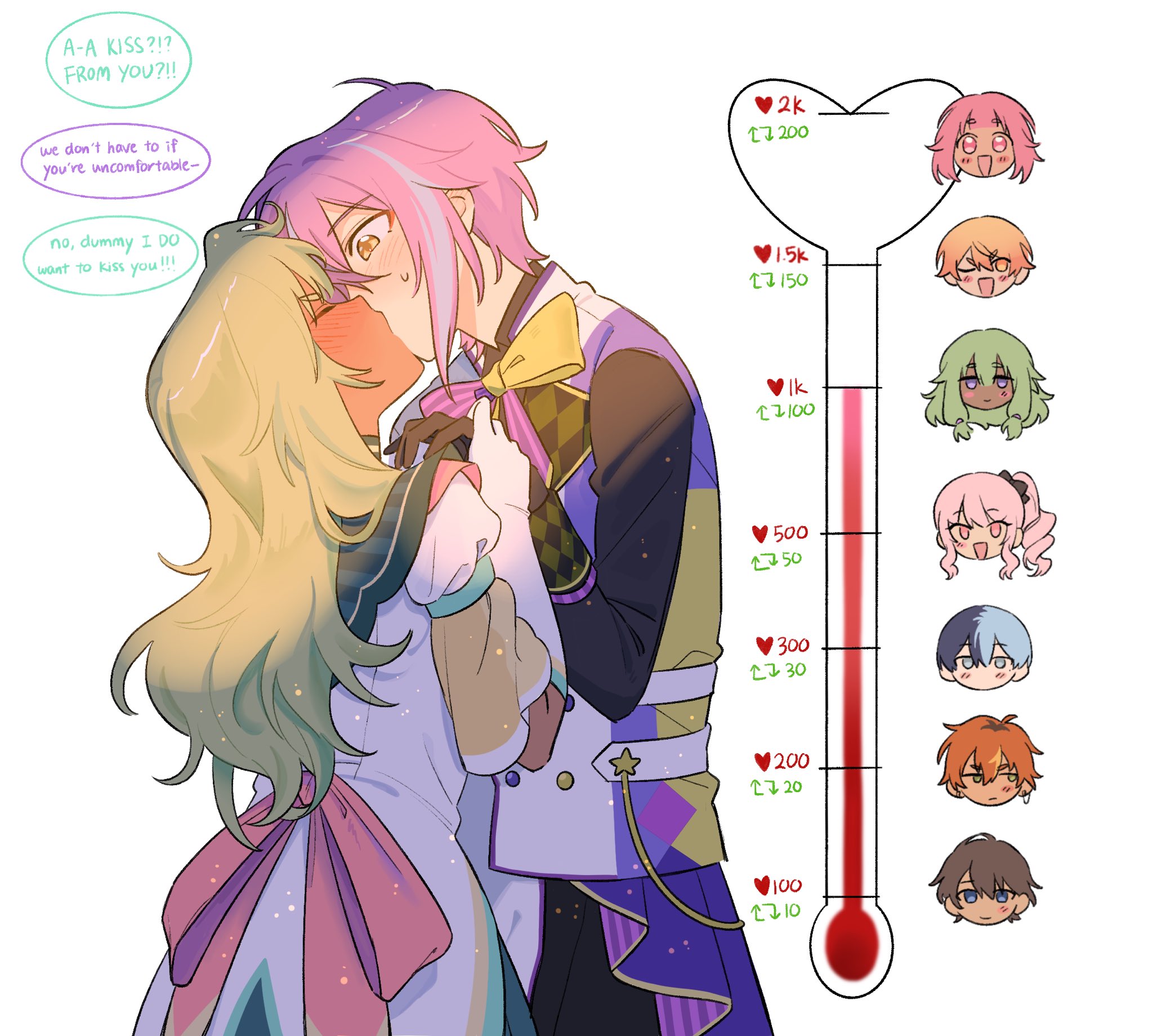 akiyama mizuki, aoyagi touya, kamishiro rui, kusanagi nene, ootori emu, shinonome akito, tenma tsukasa, project sekai, commentary, english commentary, highres, 1other, 2girls, 5boys, black gloves, blonde hair, bloocheaz, blue eyes, blue hair, blush, bow, bowtie, brown hair, closed eyes, cowboy shot, elbow gloves, english text, genbu asahi, gloves, green hair, hand grab, heart, hetero, kiss, kiss meter (meme), long hair, long sleeves, looking at another, looking at viewer, low-tied sidelocks, meme, multicolored hair, multiple boys, multiple girls, nervous sweating, one eye closed, open mouth, orange hair, pink eyes, pink hair, purple hair, short hair, side ponytail, sidelocks, simple background, smile, split-color hair, star (symbol), streaked hair, sweat, two-tone hair, white background, white gloves, yellow eyes