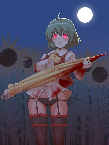 tro (trombe), kazami yuuka, touhou, 1girl, blood, breasts, closed umbrella, female focus, flower, garter belt, glowing, glowing eyes, green hair, medium breasts, moon, panties, parasol, plaid clothes, plaid vest, pussy juice, red eyes, short hair, side-tie panties, solo, sunflower, thighhighs, umbrella, underwear, vest