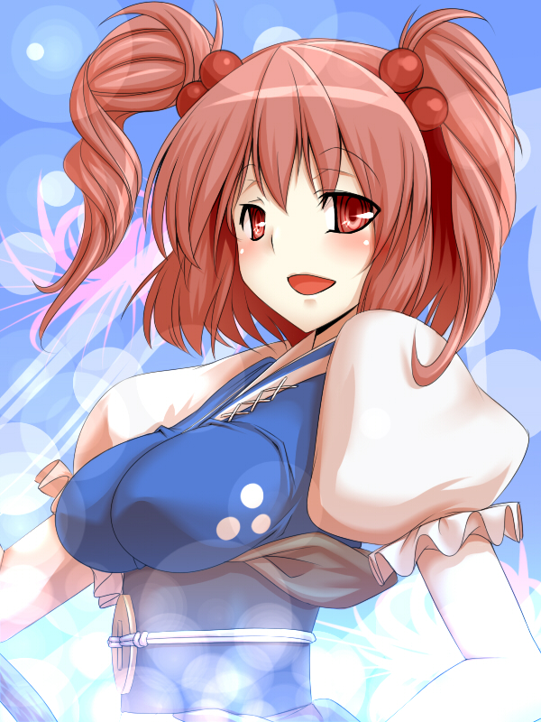 tro (trombe), onozuka komachi, touhou, 1girl, breasts, female focus, gradient background, large breasts, red eyes, red hair, short hair, solo, twintails, two side up, upper body