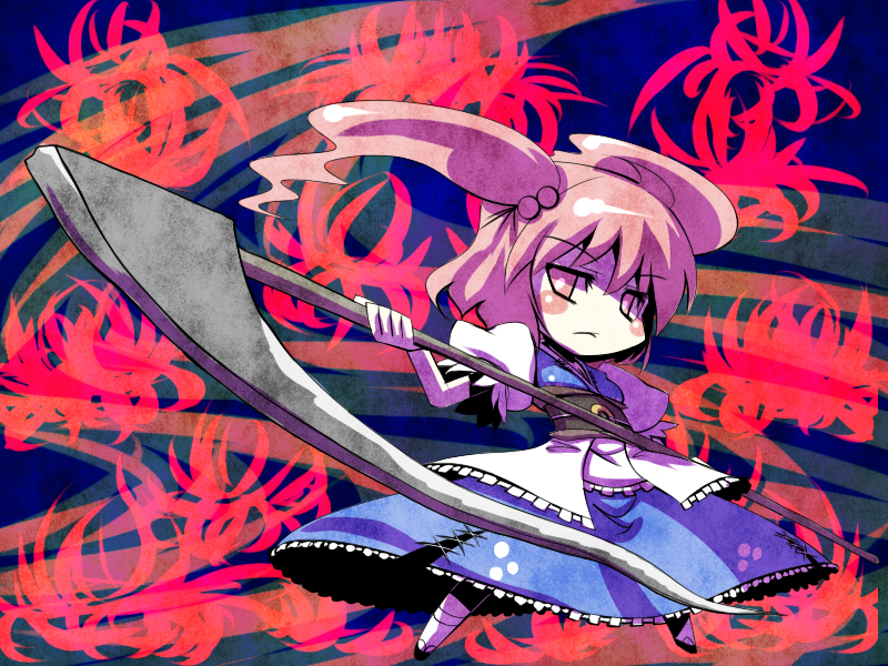 tro (trombe), onozuka komachi, touhou, 1girl, female focus, flower, full body, plant, red eyes, red flower, red hair, scythe, solo, spider lily, standing, twintails, two side up