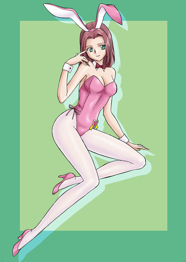 uraharukon, kouzuki kallen, code geass, 00s, 1girl, animal ears, arm support, bare arms, bare shoulders, border, bow, bowtie, breasts, cleavage, detached collar, fake animal ears, female focus, full body, green background, green border, green eyes, grin, hand up, head tilt, heart, high heels, leotard, looking at viewer, medium breasts, neck, official alternate costume, outside border, pantyhose, parted bangs, pink leotard, pink shoes, playboy bunny, rabbit ears, red bow, red bowtie, red hair, shoes, short hair, side-tie leotard, sitting, smile, solo, strapless, strapless leotard, white pantyhose, wrist cuffs