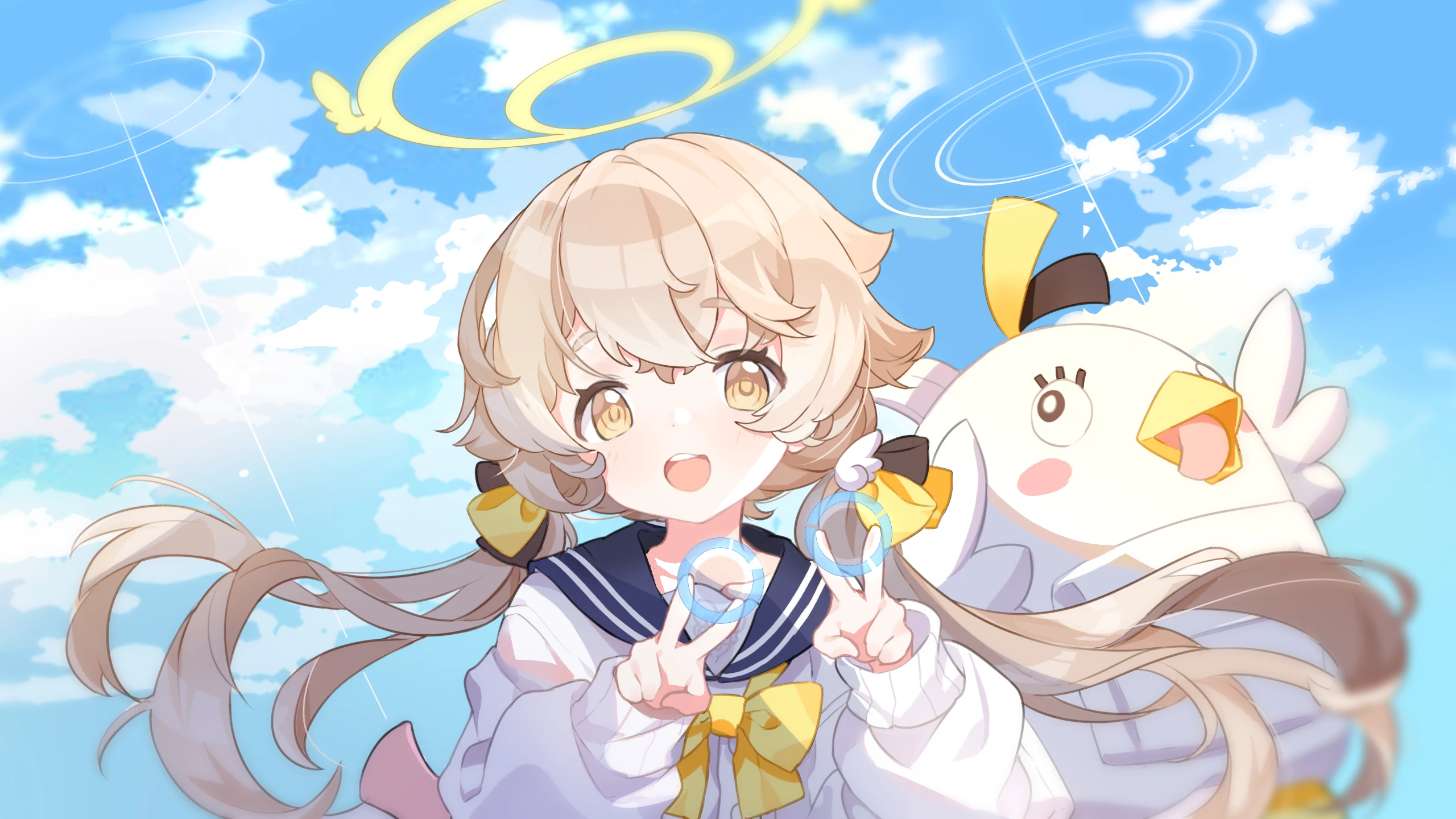 zhenming, hifumi (blue archive), blue archive, highres, 1girl, bag, blue sky, cloud, day, doll, double v, hair ornament, halo, long hair, long sleeves, looking at viewer, low twintails, open mouth, sailor collar, school uniform, sky, smile, solo, twintails, v, wing hair ornament, yellow eyes