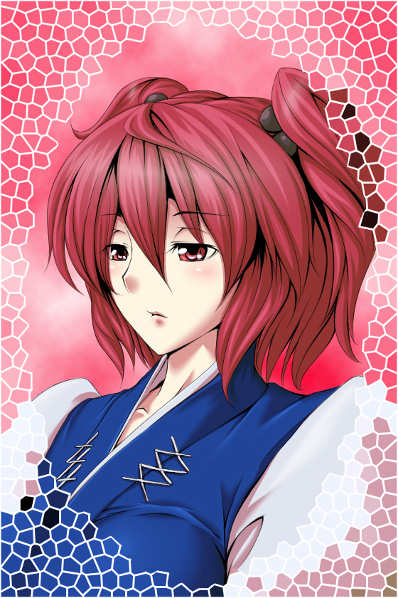 tro (trombe), onozuka komachi, touhou, 1girl, female focus, red eyes, red hair, short hair, solo, twintails, two side up