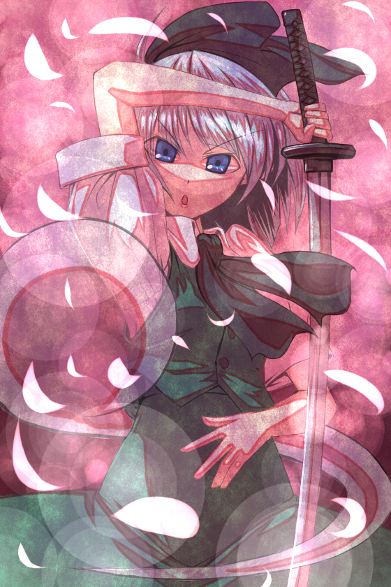 tro (trombe), konpaku youmu, konpaku youmu (ghost), touhou, silver hair, 1girl, blue eyes, female focus, hairband, hitodama, katana, ribbon, short hair, solo, sword, weapon