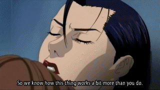 kurono kei, sakuraoka sei, gantz, lap, animated, animated gif, lowres, 00s, 1boy, 1girl, blue hair, blush, brown hair, closed eyes, hetero, implied sex, lipstick, makeup, nipples, nude, open mouth, orgasm, ponytail, red lips, sex, standing, standing missionary, standing sex, sweat, text focus, vaginal