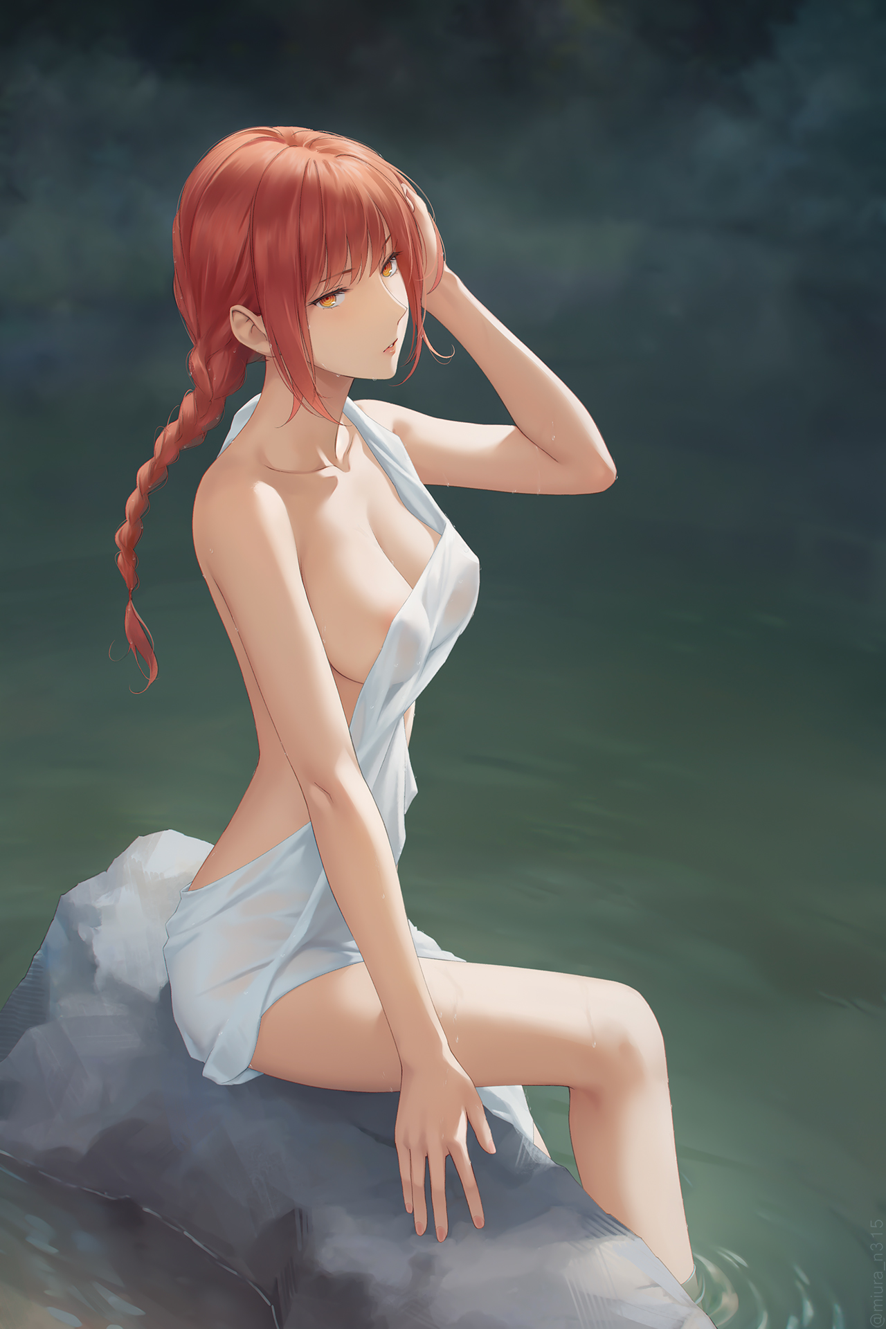 miura-n315, makima (chainsaw man), chainsaw man, commentary, highres, 1girl, braid, braided ponytail, breasts, collarbone, eyelashes, large breasts, on rock, red hair, ringed eyes, sidelocks, sitting, soaking feet, solo, steam, water, yellow eyes