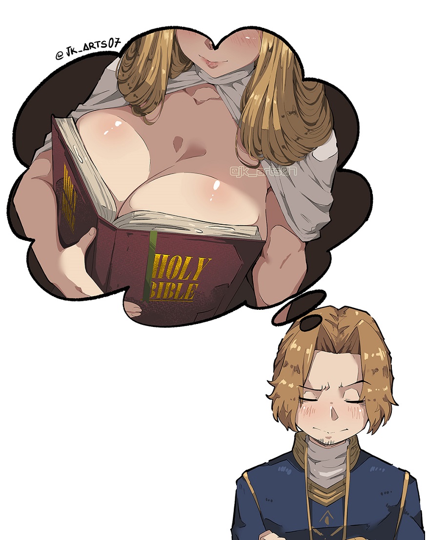 jk arts, methode (sousou no frieren), sein (sousou no frieren), sousou no frieren, commentary request, 1boy, 1girl, artist name, bible (object), blonde hair, blush, boobs in book (meme), book, book on breasts, breast focus, breasts, brown hair, cleavage, closed eyes, closed mouth, collarbone, covering breasts, covering privates, holding, holding book, imagining, large breasts, lips, long hair, meme, open book, shiny skin, signature, simple background, smile, spanish commentary, speech bubble, thought bubble