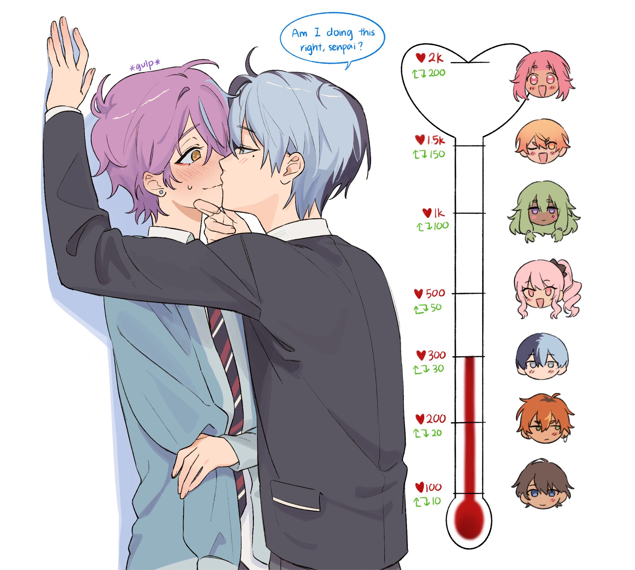 akiyama mizuki, aoyagi touya, kamishiro rui, kusanagi nene, ootori emu, shinonome akito, tenma tsukasa, project sekai, commentary, english commentary, highres, 1other, 2girls, 5boys, arm up, blonde hair, bloocheaz, blue eyes, blue hair, blush, brown hair, cardigan, closed mouth, diagonal-striped clothes, diagonal-striped necktie, earrings, english text, eye contact, fingernails, from side, genbu asahi, green eyes, green hair, hand on another's chin, hand up, heart, holding own arm, jewelry, kamiyama high school uniform (project sekai), kiss, kiss meter (meme), long sleeves, looking at another, looking at viewer, low-tied sidelocks, meme, mole, mole under eye, multicolored hair, multiple boys, multiple girls, necktie, nervous sweating, one eye closed, open cardigan, open clothes, open mouth, orange eyes, orange hair, pink eyes, pink hair, pocket, purple hair, school uniform, short hair, side ponytail, sidelocks, sideways glance, simple background, smile, speech bubble, split-color hair, streaked hair, striped clothes, stud earrings, sweat, two-tone hair, upper body, white background, yaoi
