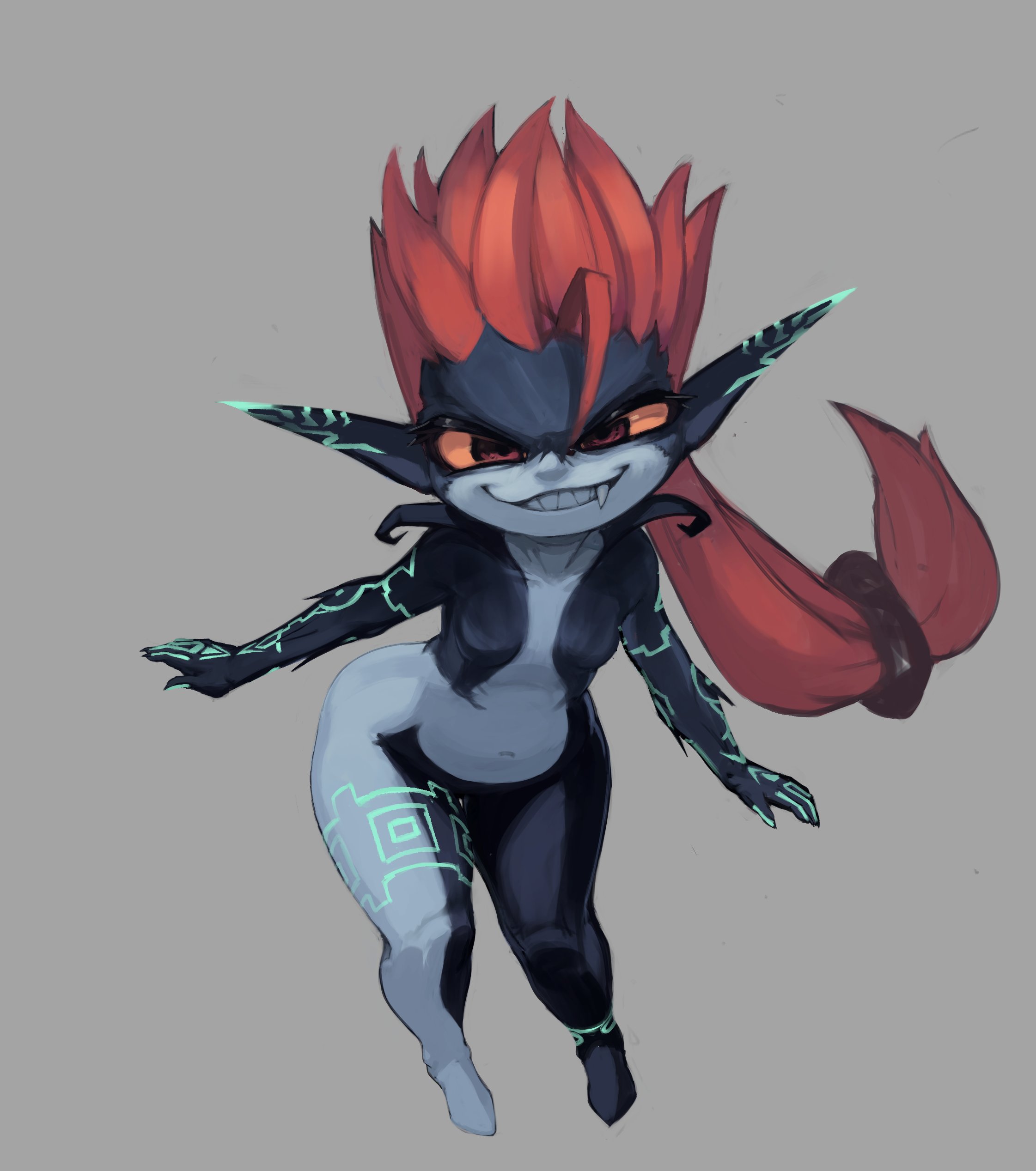 null skull, midna, nintendo, the legend of zelda, the legend of zelda: twilight princess, absurdres, highres, variant set, 1girl, 2025, abstract background, arm tattoo, arms at sides, barefoot, black skin, blue background, blue skin, breasts, colored sclera, colored skin, covered eyes, curvy, fang, fang out, floating, full body, glowing, glowing tattoo, grin, helmet, helmet over eyes, leaning forward, leg tattoo, long hair, low ponytail, multicolored skin, navel, no nipples, nude, orange hair, ponytail, red eyes, serious, shortstack, small breasts, smile, spiked hair, tattoo, thick thighs, thighs, two-tone skin, unworn headwear, unworn helmet, wide hips, yellow sclera