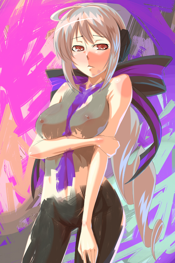 tro (trombe), yowane haku, vocaloid, silver hair, bad id, bad pixiv id, 1girl, bodypaint, breasts, false clothes, female focus, long hair, naked paint, nipples, nude, painted clothes, red eyes, ribbon, solo