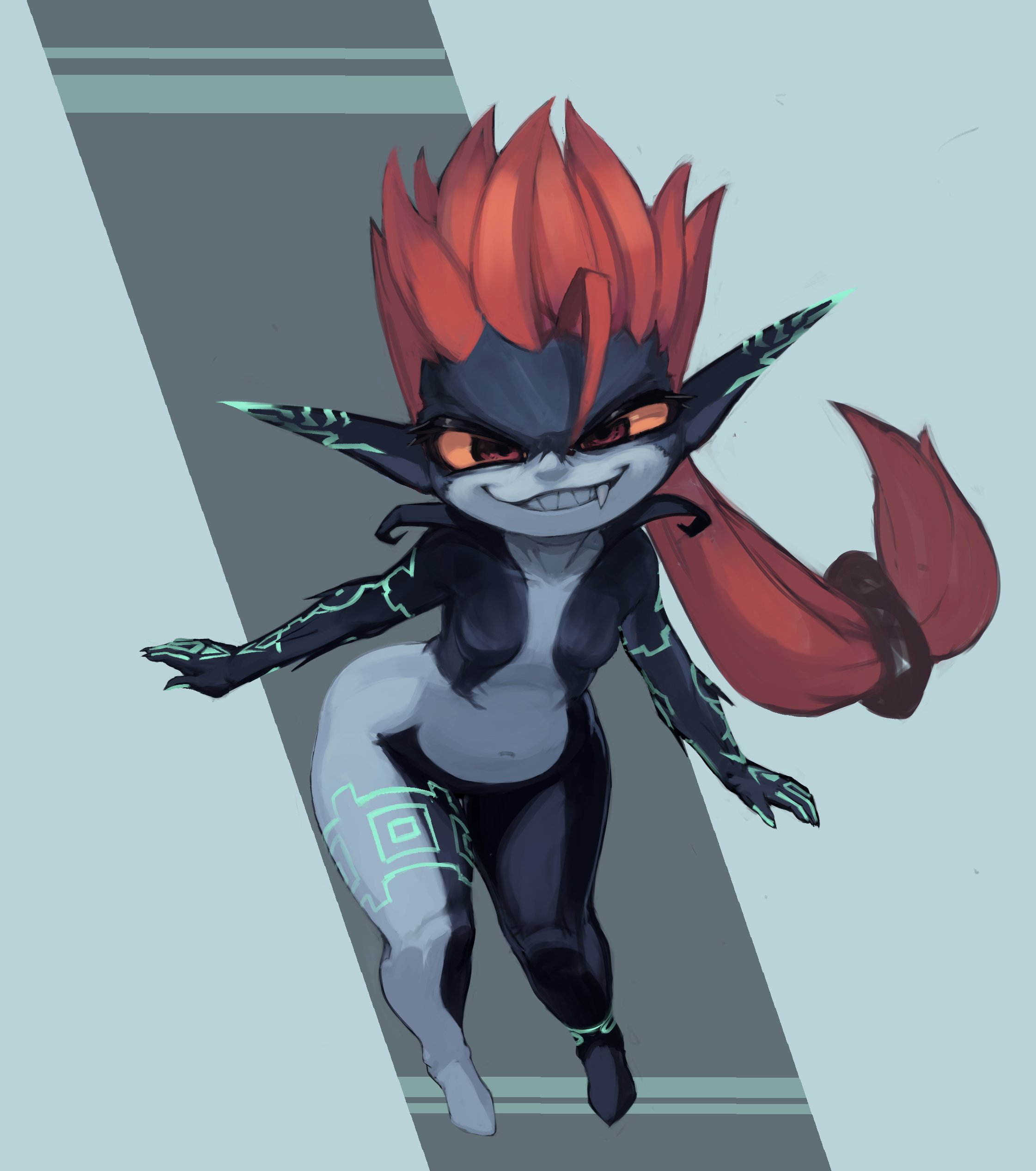 null skull, midna, nintendo, the legend of zelda, the legend of zelda: twilight princess, absurdres, highres, variant set, 1girl, 2025, abstract background, arm tattoo, arms at sides, barefoot, black skin, blue background, blue skin, breasts, colored sclera, colored skin, covered eyes, curvy, fang, fang out, floating, full body, glowing, glowing tattoo, grin, helmet, helmet over eyes, leaning forward, leg tattoo, long hair, low ponytail, multicolored skin, navel, no nipples, nude, orange hair, ponytail, red eyes, serious, shortstack, small breasts, smile, spiked hair, tattoo, thick thighs, thighs, two-tone skin, unworn headwear, unworn helmet, wide hips, yellow sclera