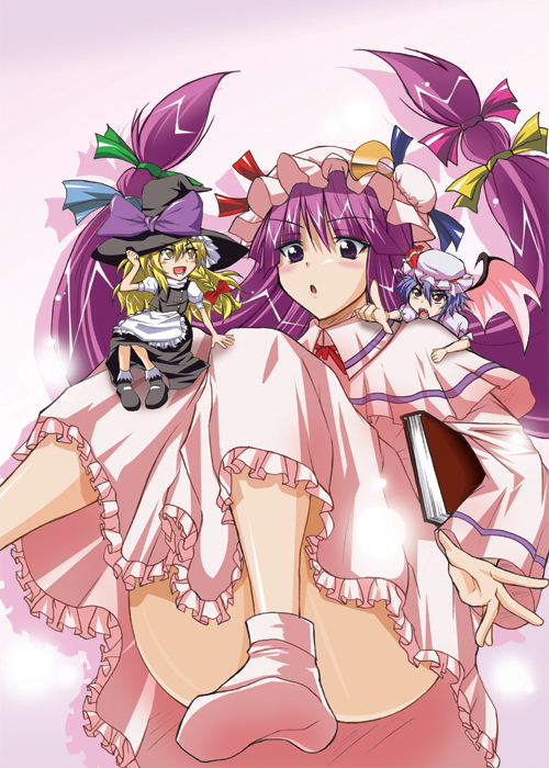 kimura naoki, kirisame marisa, patchouli knowledge, remilia scarlet, touhou, 3girls, bat wings, blonde hair, blush, bonnet, chibi, crescent, crescent hat ornament, dress, female focus, frills, gradient background, hat, hat ornament, long hair, maid, mini person, minigirl, multiple girls, purple eyes, purple hair, socks, twintails, wings, witch, witch hat