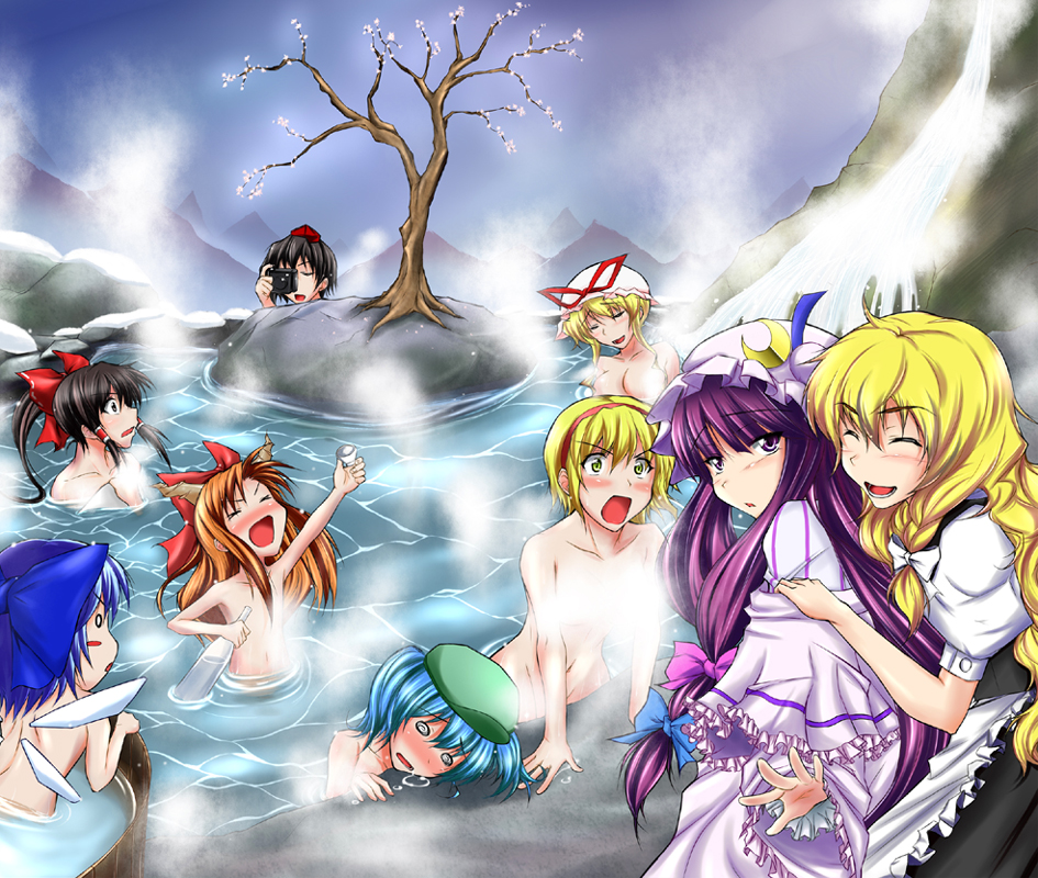 kimura naoki, alice margatroid, cirno, hakurei reimu, ibuki suika, kawashiro nitori, kirisame marisa, patchouli knowledge, shameimaru aya, yakumo yukari, touhou, 6+girls, beret, bonnet, breasts, censored, convenient censoring, drunk, everyone, female focus, flat chest, hat, large breasts, multiple girls, onsen, same-sex bathing, shared bathing, steam, steam censor, two side up, undressing, wings