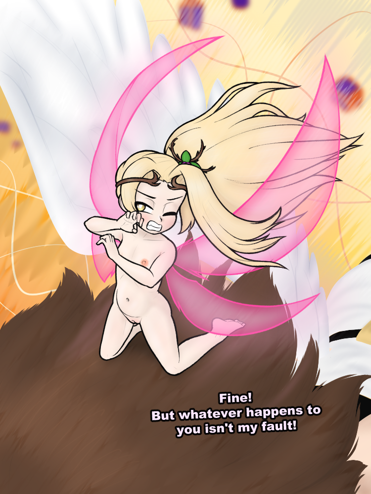 summerlumi, pit (kid icarus), viridi, kid icarus, kid icarus uprising, nintendo, 1boy, 1girl, blonde hair, breasts, brown eyes, brown hair, fairy, fairy wings, hair ornament, nude, ponytail, pussy, wings