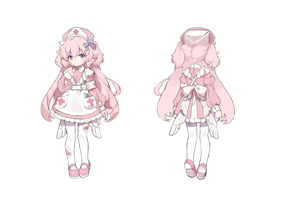 zhenming, rie kurenai (benghuai xueyuan), benghuai xueyuan, honkai (series), 1girl, apron, bandages, bandaid, blue eyes, bow, dress, frills, full body, hat, long hair, long sleeves, looking at viewer, multiple views, nurse, nurse cap, pantyhose, pink dress, pink hair, puffy sleeves, shoes, simple background, torn clothes, two side up, very long hair, white background