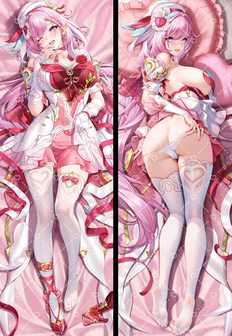 jg&solin, elysia (hi love elf) (honkai impact), elysia (honkai impact), honkai (series), honkai impact 3rd, 1girl, ;), ass, beret, breasts, butt crack, clothes lift, dakimakura (medium), diamond-shaped pupils, diamond (shape), dress, dress lift, earrings, elf, gloves, hat, heart, heart-shaped pillow, heart earrings, jewelry, large breasts, long hair, lying, multicolored dress, multicolored hair, on back, on side, one eye closed, panties, panty pull, pillow, pink dress, pink hair, pointy ears, red dress, single glove, smile, solo, symbol-shaped pupils, thighhighs, two-tone hair, underwear, very long hair, watermark, watermark grid, white dress, white gloves, white hair, white panties, white thighhighs